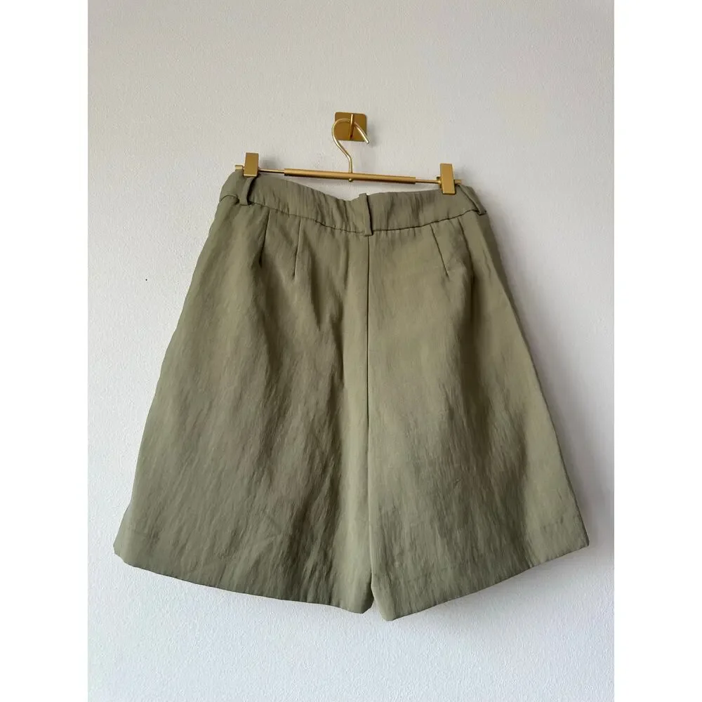Zara Olive Green Pleated Bermuda Shorts High Rise Tailored Trouser Shorts